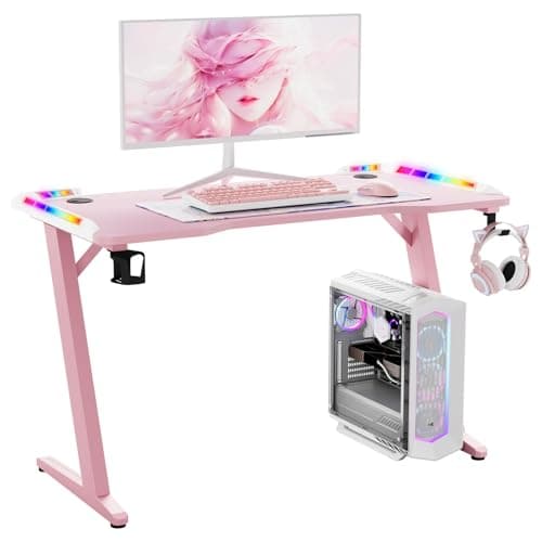Image of Hironpal Gaming Desk 120cm Z - Shaped with Led Lights, Cup Holder, Headphone Hook, 2 Cable Grommets Carbon Fibre Tabletop for Game Home Office, Pink (Z-shaped Pink)