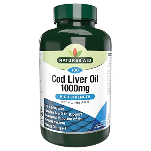 Image of Natures Aid Cod Liver Oil 1000mg Softgels – High Strength Omega-3 Fish Oil with Vitamins A & D – Supports Immune System, Heart Health, Brain, Vision, Joints – Non-GMO – 180 Capsules