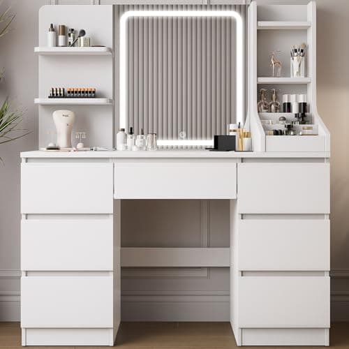 Image of TRIUMPHKEY Dressing Table, Vanity Desk with Large Lighted Mirror, Adjustable Brightness, Modern Vanity Table with 7 Drawers, 4 Shelves and 3 Open Compartments for Bedroom, 110x40x139cm, White