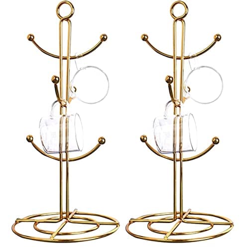 Image of VIOPDER 2X Countertop Mug Tree, 6 Hook Coffee Cup Dryer Kitchen Coffee Mug Tree Countertop Tea Cups Holder Stand,Gold