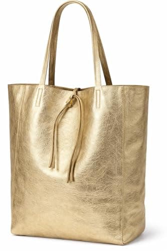 Image of LeahWard Large Leather Hobo Shoulder Bag, Women's Genuine Italian Hand Made Shoulder Bags, A4 College School Work Business Bags (Gold)