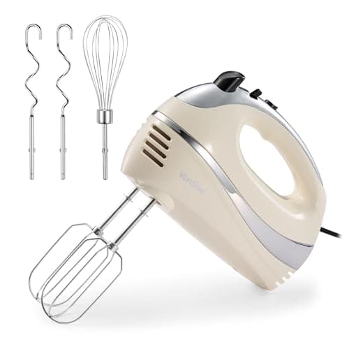 Image of VonShef Hand Mixer Electric Whisk – Food Mixer for Baking with 5 Speeds, 300W, 2 Stainless Steel Beaters, 2 Dough Hooks & Balloon Whisk, Easy Clean, Turbo Boost, Eject Button, Compact – Cream