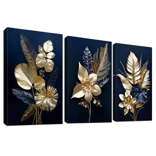 Image of 3 Panels Wooden Framed 3D Navy Blue Gold Flowers Canvas Wall Art Tropical Monstera Coconut Leaves Painting on Canvas Prints Picture for Living Room Bedroom Home Wall Decoration 90x40cm (12"x16"x3pcs)