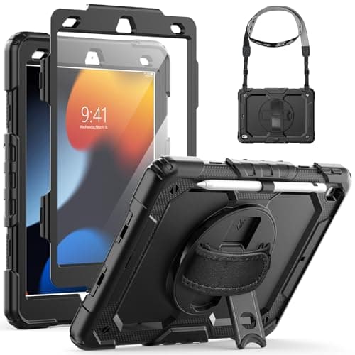 Image of SEYMCY Case for iPad 9th/8th/7th Generation 10.2 Inch 2021/2020/2019, Full-body Shockproof with Screen Protector, 360° Rotating Stand & Hand Strap, Shoulder Strap, Pencil Holder for iPad 10.2",Black
