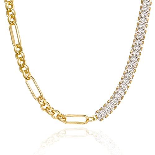 Image of KissYan Gold Tennis Necklace for Women, 14K Gold Plated Diamond Cubic Zirconia Baguette Tennis Chain Paperclip Link Cuban Choker Dainty Jewelry Gifts(33A)
