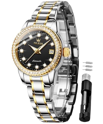 Image of OLEVS Ladies Diamond Watches Automatic Mechanical Luxury Dress Classic Self Winding Stainless Steel Wrist Watch for Women