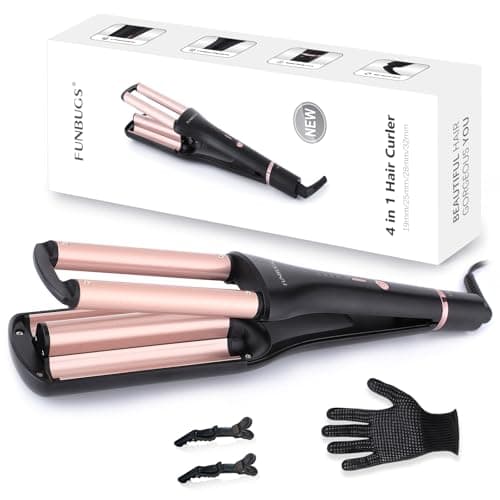 Image of FUNBUGS 4 in 1 Hair Waver - Adjustable Barrel for 4 Different Waves (Healthy Ceramic Curling Iron for Short & Medium Hair, 160°C-210°C, 30s Heat-up, Dual Voltage, Glove, Clips) Gold