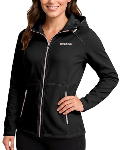 Image of Reebok Womens Softshell Jacket - Super Soft Woven Wind Resistant Womens Fleece Jacket for Golf Running Gym Workout Hiking, Black Ink, M