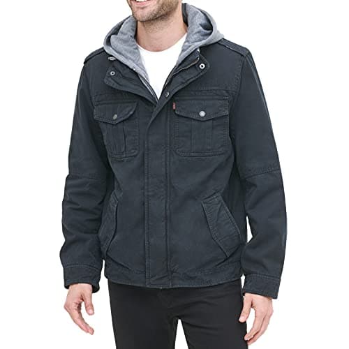 Image of Levi's Men's Washed Cotton Hooded Military Jacket - blue - Large