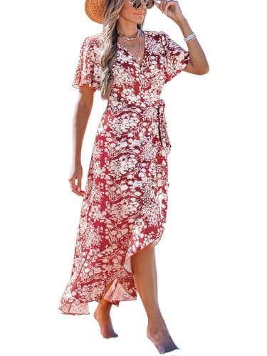 Image of CUPSHE Women Summer Wrap Maxi Dress Split Flared Sleeve V-Neck Ditsy Dress Tie Waist Ruffle Beach Casual Dresses