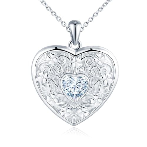 Image of MicLee Heart Locket Necklaces for Women Girl 925 Sterling Silver Memory Lockets Pendants Creative Flower Engraving Photo Necklace with Zircon