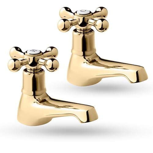 Image of Deva Tudor Basin Taps - Traditional Gold Brass Victorian Style - Hot & Cold Cross Head Lever Handle - Pair of Bathroom Tap Toilet Sink Wash Faucet Set of 2 TUD01/501 – 12 Year Warranty