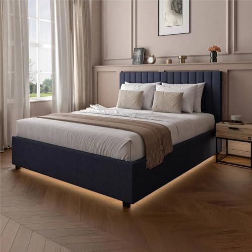 Image of X-Rocker Maisie Velvet Double Ottoman Bed Frame with Ambient Underbed RGB LED Lighting Double 4ft6 Low Sleeper Bedstead, Upholstered Fabric Velvet BedFrame with Storage XR LIVING - Navy Blue