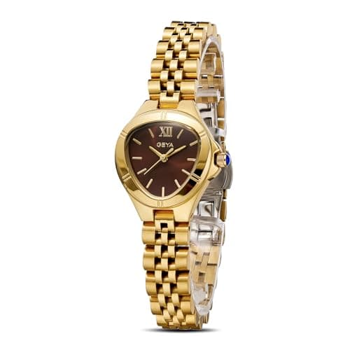 Image of GeYa Gold Watches for Women Dainty Ladies Quartz Wristwatch,Vintage Stainless Steel Bracelet for Small Wrist,3ATM Waterproof,Triangle Shape,Tools Included,Ready for Gift,24.5mm (Gold Brown)