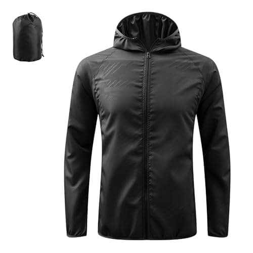 Image of zoogobee Men's Lightweight Packable Hooded Waterproof Jacket, Windproof Sun Protection Rain Coat for Hiking Cycling Travel Running Commuting (UK, Alpha, XL, Regular, Regular, Black)