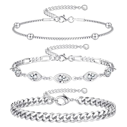 Image of FIOROYAL Silver Bracelets for Womens 925 Sterling Silver Bracelet Ladies Silver Bracelet Set, Adjustable Layered Dainty Link Chain Bracelets Gold Bangle Wrist Jewellery Gifts for Women BSilver