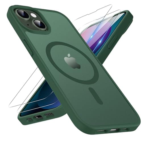 Image of TQIAHF Magnetic Phone Case for iPhone 13 / iPhone 14 Case with 2 Tempered Glass Screen Protector Compatible with MagSafe Military Grade Translucent Matte Phone Cover,Green