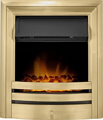 Image of Acantha Vela Electric Fire in Antique Brass – 1–2kW Electric Fireplace with LED Flame Effect & Coal Fuel Bed – Manual Thermostat Control – Inset Electric Fire – Brass Finish