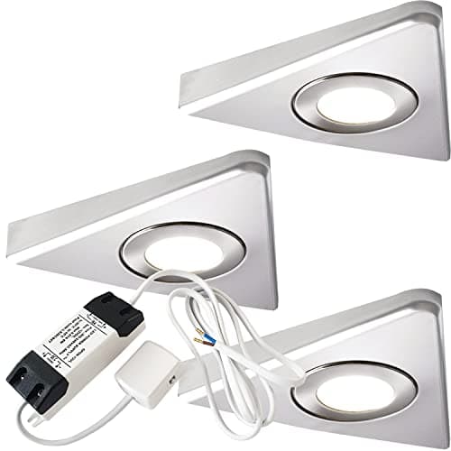 Image of Modern Triangle Under Cabinet Kitchen Light & Driver Kit – Smooth Diffused LED – Slim Pyramid Worktop Light – Low Profile Surface Mounted (3X Light & Driver, Natural White LED, Brushed Nickel Bezel)