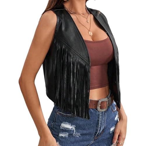 Image of FeMereina Women's PU Fringe Sleeveless Vest Tassel Faux Leather Open Front 70S Hippie Jacket Cardigan (Black, S)