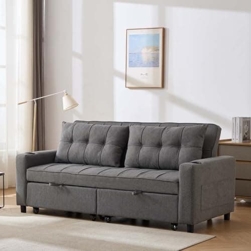 Image of More4Homes HUDSON 3-SEATER SOFA BED LINEN FABRIC WITH CUP HOLDERS GREY