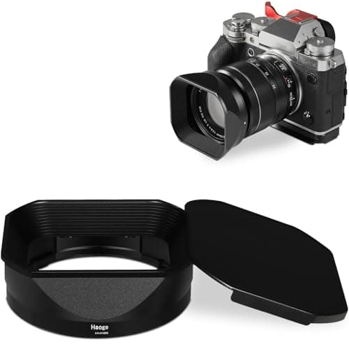Image of Haoge Square Metal Lens Hood for Fujifilm XF18-55mm F2.8-4.0 R LM OIS &Fujinon XF 14mm F2.8 R lens with a Hood Cap on XT5 X-T4 XT50 XH2 Camera