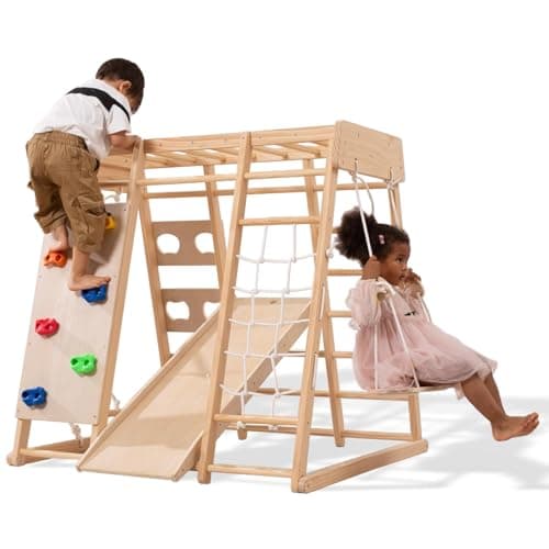 Image of Giant bean Indoor Climbing Frame for Toddlers, Jungle Gym for 2-5yrs Kids,Toddlers Climber Toys 8-in-1 with Slide, Rock Climb Wall, Monkey Bars, Wood & Rope Ladder, Climbing Rope & Wall