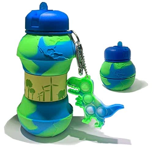 Image of CARESWAY Kids Water Bottle with Keyring – 500 ml Girls and Boys Drinking Bottle For School - Leakproof Collapsible Reusable BPA Free for Children Drinks – Earth Globe