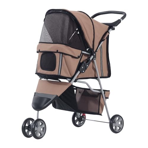Image of PawHut Dog Stroller, 3 Wheels Foldable Cat Dog Pram with Cup Holder, Storage Basket, Pet Stroller for Small Miniature Dogs, Brown