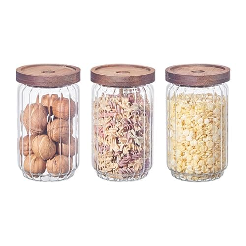 Image of Eden & Willow Ribbed Airtight Glass Kitchen Storage Jar with Acacia Wooden Lid - Pantry Organisation Canisters for Coffee, Tea, Sugar, Flour, Pasta, Spices, Grains, Oats (3, 750ml)