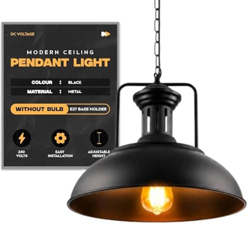 Image of DC VOLTAGE Black Dome Pendant Light 40cm Industrial Ceiling Light Fitting with Adjustable Chain, E27 Lamp Holder, Vintage Metal Hanging Light Shade for Kitchen Island, Dining Room & Cafe