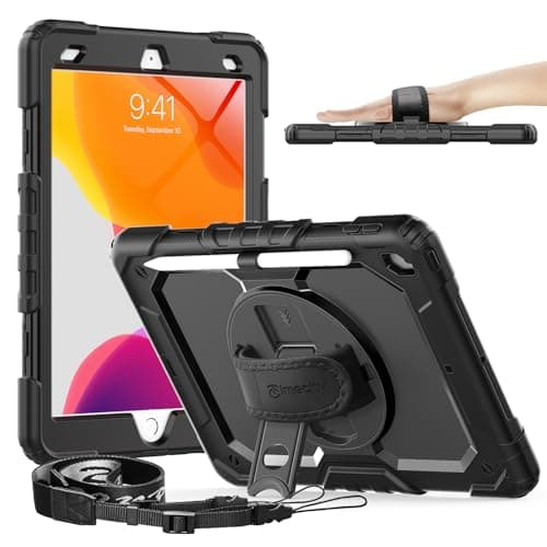 Image of Timecity Case for iPad 9th/ 8th/ 7th Generation 10.2 inch 2021/2020/2019 - Heavy Duty Protective Cover with Screen Protector, Rotating Stand, Shoulder Strap & Pencil Holder | Kids-Friendly, Black