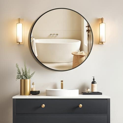 Image of Sqinor 40cm Black Round Mirror, Modern Aluminum Framed Bathroom Wall Mirror, Hanging or Stick On Mirrors for Walls, Decorative Self Adhesive Circle Mirrors for Bathroom Hallway Bedroom Living Room