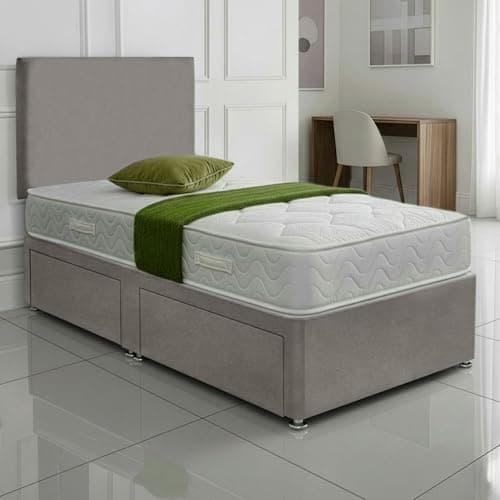 Image of SANA SLEEP Sleek 2FT6 small single Bed with Pocket Sprung Mattress & 2 Drawers | Compact Bedroom Set | Sturdy Frame for Comfort | Chic Divan Design | Modern Spaces Furniture (Grey Plush)