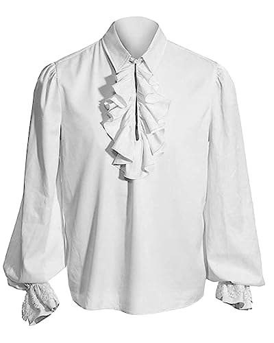 Image of YAOHUOLE Renaissance Men's Viking Shirt - Medieval Tunic & Poet Shirt - Pirate Costume - White M