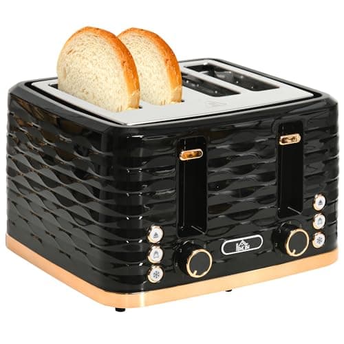 Image of HOMCOM 4 Slice Toaster with 7 Browning Levels, High Lift, Reheat/Defrost/Cancel, Self-centring Function, Removable Crumb Tray, Auto Off, 1600W, Black Water Ripple Texture