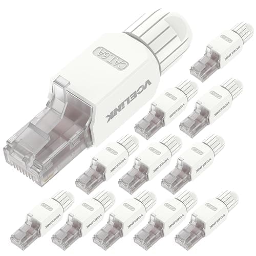 Image of VCELINK Cat6A Tool-Free RJ45 Connector, 10 Gbps/500 MHz, Reusable UTP Gold-Plated Ethernet Plug for 23-26 AWG Network Cable, PoE Toolless Ethernet Modular Plug, White, 12 Pack