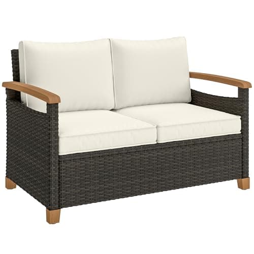 Image of Outsunny 2 Seater Rattan Garden Sofa, Outdoor Sofa with Thickened Cushions and Acacia Wood Armrests, All Weather Small Rattan Garden Furniture Loveseat for Patio, Balcony, Porch, Brown