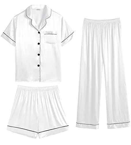 Image of SWOMOG Womens Satin Pyjama Sets Ladies Silk Nightwear 3 Piece Short Sleeve Pj Button Down Sleepwear Set L White