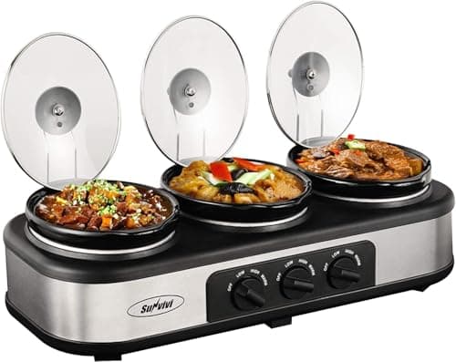 Image of Sunvivi Slow Cooker, Triple Slow Cooker Buffet Server and Food Warmer, 3-Section 1.65L Upgraded Oval Ceramic Pot with Stainless Steel Lid Rests, 3 Spoons, Total 5L