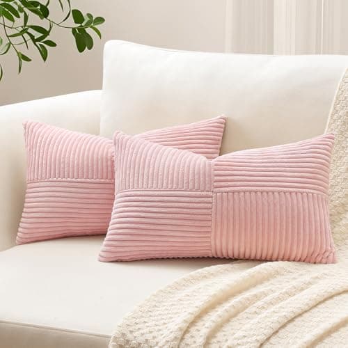 Image of Sungeek Set of 2 Decorative Cushion Covers 30 x 50cm Soft Corduroy Striped Cross Patchwork Textured Pillow Covers Solid Lumbar Throw Pillow Cases for Sofa Bed Patio 12x20 Inch, Pink