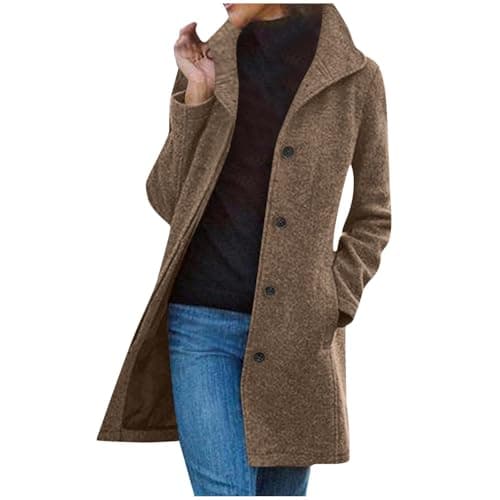 Image of Womens Wool Coat Uk Warm Medium Length down Winter Coats Ladies Lightweight Windbreak Jacket Single-Breasted Winters Longline Trench Coats Warm Outwear Outdoor Hiking Jackets