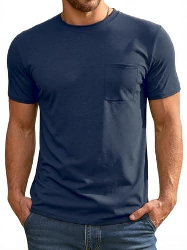 Image of Runcati Men's T-Shirt Summer Short Sleeve Tops Round Neck Regular Fit Functional Shirt Men's Plain Basic Undershirt Casual Gym Sports Shirts with Chest Pocket Navy Blue XL