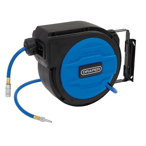 Image of Draper Retractable Air Hose Reel 15m - Auto Rewind with Hose Guide, Free Stop Any Length, 180° Swivel Wall Mount, Heavy-Duty Hybrid Air Hose