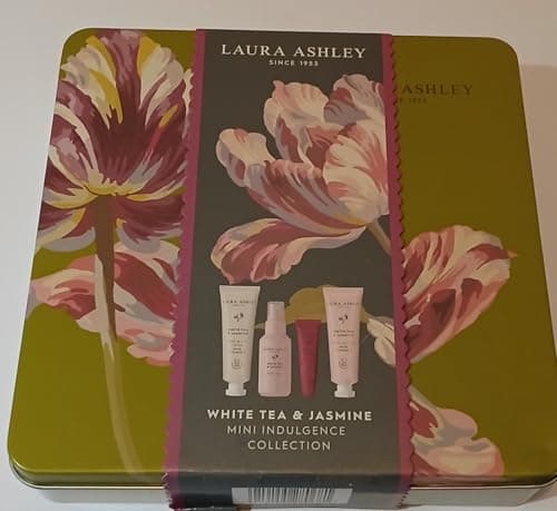 Image of Laura-Ashley London White Tea and Jasmine Mini Indulgence Collection Gift Set, Decorative Tin, Hand and Nail Cream, Body Mist, Lip Balm, Body Lotion