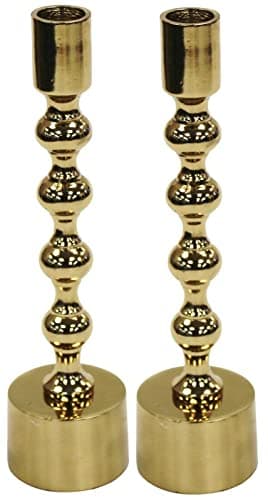 Image of Rammento 2-Pack 23cm Tall Aluminium Candle Holders, Gold | 6cm Wide Modern Ribbed Base Candlestick Set for Dining Table Centrepieces | Decorative Metal Candle Stands for Dinner or Tapered Candles