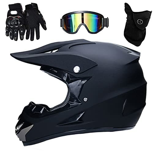 Image of UIGJIOG Matt Black Motorcycle Cross Helmets, Full Face MTB Helmet with Goggles Mask Gloves, Motocross Helmet for Men, Youth & Kids, L(56~57cm)
