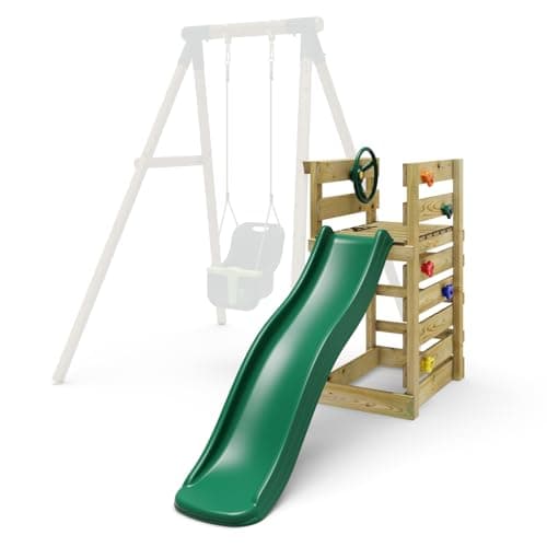 Image of Add-on Wooden Platform with 6FT Slide for Rebo Garden Swing Sets - Dark Green Slide with Climbing Rocks and Steering Wheel | Kids' Outdoor Wooden Play Equipment for Gardens | Weather Resistant