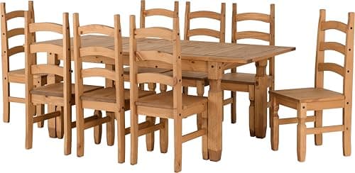 Image of Seconique Corona Extending Dining Set with 8 Dining Chairs in Distressed Waxed Pine