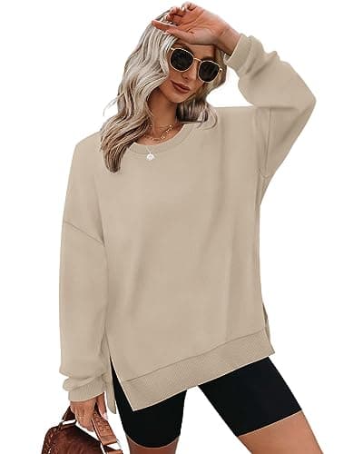 Image of Aokosor Sweatshirts for Women Oversized Jumpers Ladies Tops Crewneck Long Sleeve Tops Side Split Beige Size 14-16